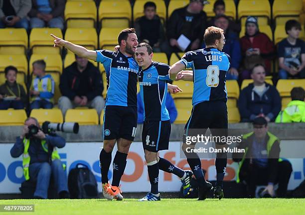 Sam Wood of Wycombe Wanderers celebrates scoring his side's first goal during the Sky Bet League Two match between Torquay United and Wycombe...