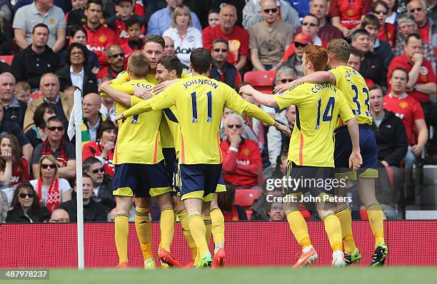 Connor Wickham of Sunderland celebrates his part in Sebastian Larsson scoring their first goal during the Barclays Premier League match between...