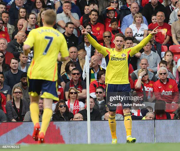 Connor Wickham of Sunderland celebrates his part in Sebastian Larsson scoring their first goal during the Barclays Premier League match between...