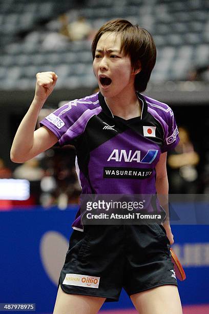 Kasumi Ishikawa of Japan celebrates a point against Britt Eerland of Netherlands during day six of the 2014 World Team Table Tennis Championships at...