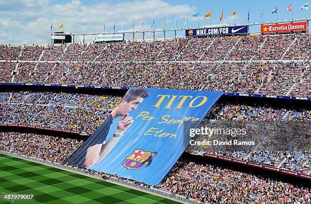 Barcelona fans display a huge banner in memory of former FC Barcelona head coach Tito Vilanova prior to the La Liga match between FC Barcelona and...