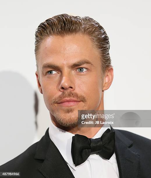 Derek Hough poses in the press room during the 2015 Creative Arts Emmy Awards at Microsoft Theater on September 12, 2015 in Los Angeles, California.