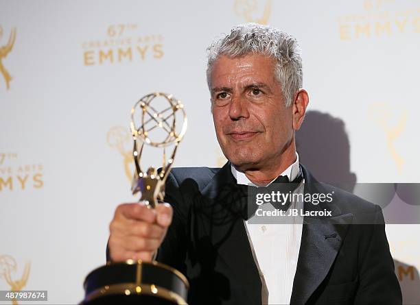 Anthony Bourdain poses in the press room during the 2015 Creative Arts Emmy Awards at Microsoft Theater on September 12, 2015 in Los Angeles,...