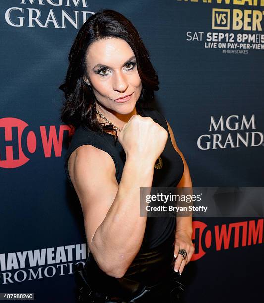 Former Arizona Cardinals training camp/preseason intern linebackers coach Jen Welter arrives at the VIP Pre-Fight Party for 'High Stakes: Mayweather...