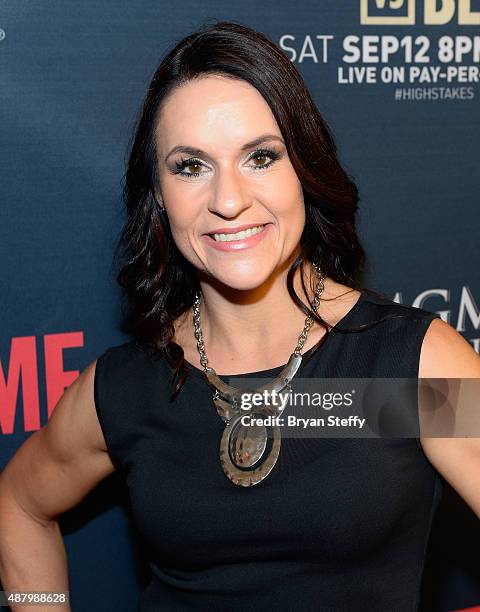 Former Arizona Cardinals training camp/preseason intern linebackers coach Jen Welter arrives at the VIP Pre-Fight Party for 'High Stakes: Mayweather...