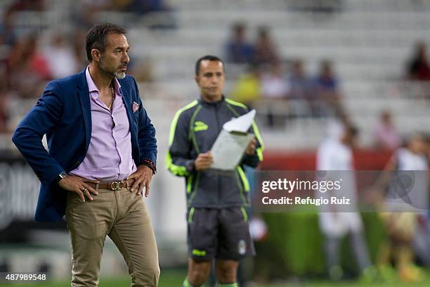 Gustavo Matosas coach of Atlas watches the match during an 8th round match between Atlas and Dorados de Sinaloa as part of the Apertura 2015 Liga MX...