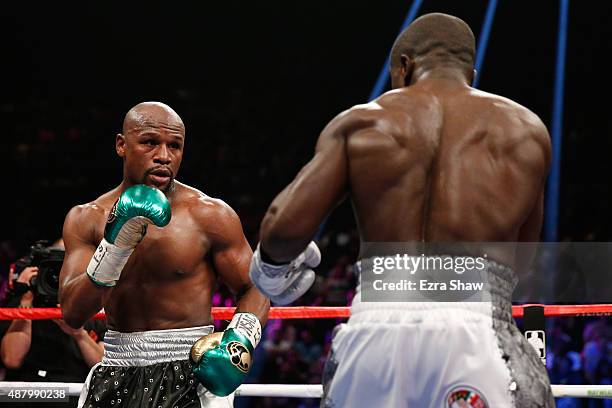 Floyd Mayweather Jr. Squares off against Andre Berto during their WBC/WBA welterweight title fight at MGM Grand Garden Arena on September 12, 2015 in...