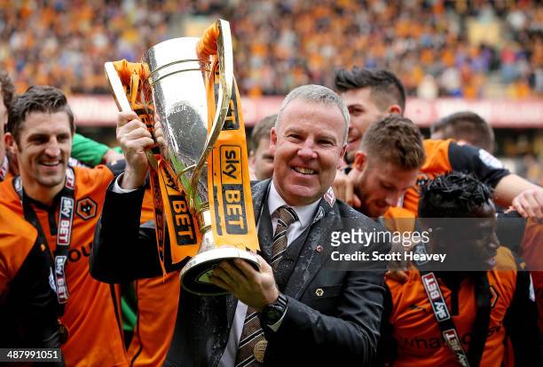 Wolves manager Kenny Jackett lifts the Sky Bet League One trophy during the Sky Bet League One match between Wolverhampton Wanderers and Carlisle...