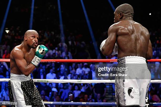 Floyd Mayweather Jr. Dances around the ring in the final round against Andre Berto during their WBC/WBA welterweight title fight at MGM Grand Garden...