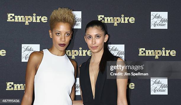 Designers Carly Cushnie and Michelle Ochs attend the "Empire" curated collection unveiling at Saks Fifth Avenue on September 12, 2015 in New York...