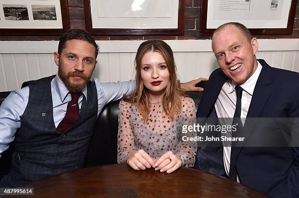 Actors Tom Hardy, Emily Browning and writer/director Brian Helgeland attend the "Legend" gala screening during the 2015 Toronto International Film...