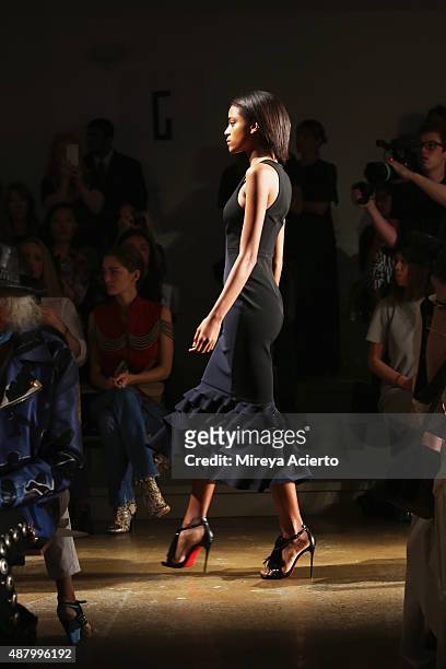 Model walks the runway at the Dion Lee fashion show during Spring 2016 MADE Fashion Week at Milk Studios on September 12, 2015 in New York City.