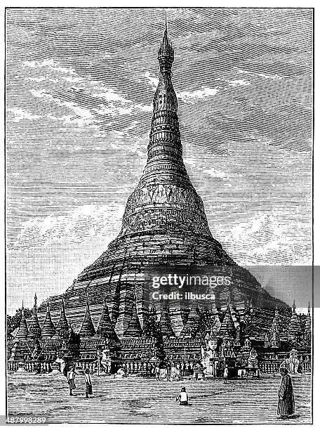 antique illustration of shwedagon pagoda, yangon, burma - shwedagon pagoda stock illustrations