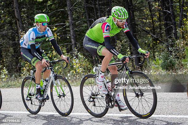 Ryder Hesjedal of the Cannondale-Garmin Pro Cycling Team rides in the best Canadian jersey with teammate Jasper Bovenhuis riding for the...