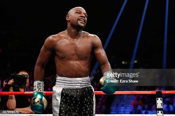 Floyd Mayweather Jr. Walks in the ring during his WBC/WBA welterweight title fight against Andre Berto at MGM Grand Garden Arena on September 12,...