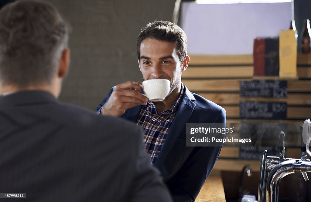 Enjoying a cuppa with my colleague