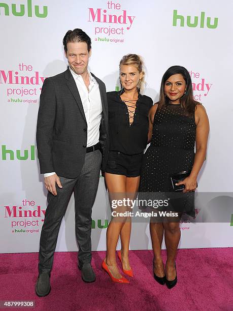 Actors Ike Barinholtz, Eliza Coupe and Mindy Kaling attend Hulu's 'The Mindy Project' Season Four premiere at Ysabel on September 12, 2015 in West...