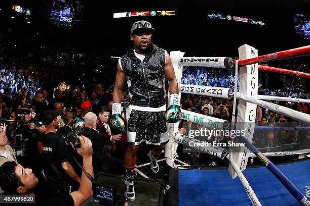 Floyd Mayweather Jr. Enters the ring prior to his WBC/WBA welterweight title fight against Andre Berto at MGM Grand Garden Arena on September 12,...