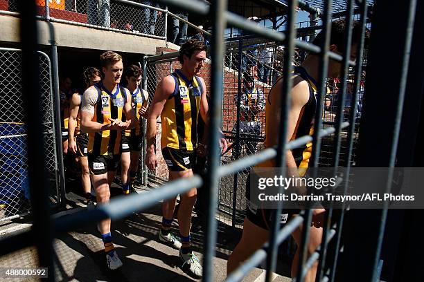 Sandringham players run out before the VFL Semi Final match between Sandringham and Collingwood at North Port Oval on September 13, 2015 in...