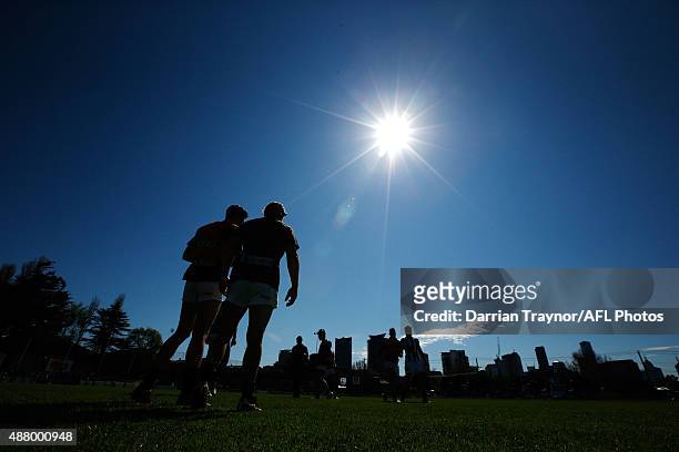 Collingwood player warm up before the VFL Semi Final match between Sandringham and Collingwood at North Port Oval on September 13, 2015 in Melbourne,...