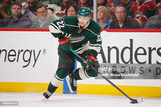 Nino Niederreiter of the Minnesota Wild skates with the puck against the Colorado Avalanche during Game Six of the First Round of the 2014 Stanley...