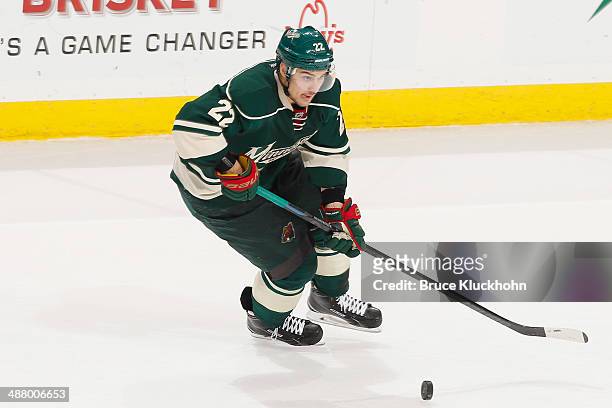Nino Niederreiter of the Minnesota Wild skates with the puck against the Colorado Avalanche during Game Six of the First Round of the 2014 Stanley...