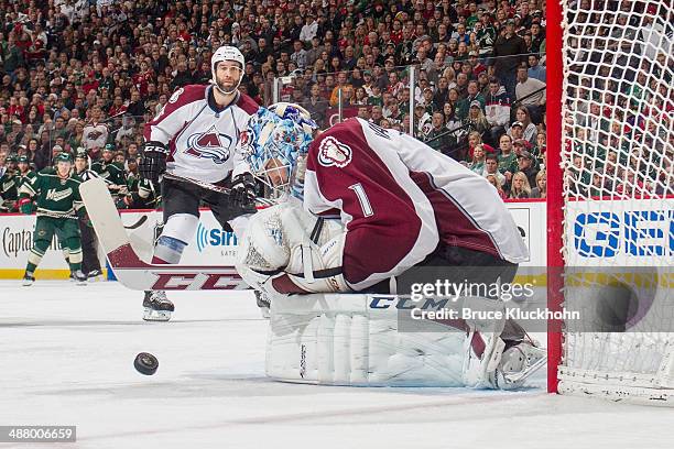 Semyon Varlamov of the Colorado Avalanche makes a save against the Minnesota Wild during Game Six of the First Round of the 2014 Stanley Cup Playoffs...
