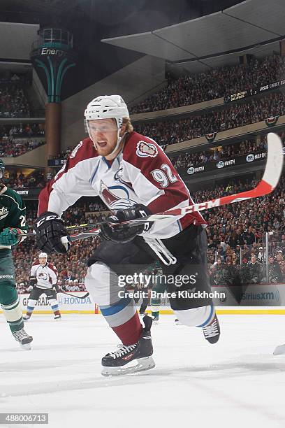 Gabriel Landeskog of the Colorado Avalanche skates to the puck against the Minnesota Wild during Game Six of the First Round of the 2014 Stanley Cup...