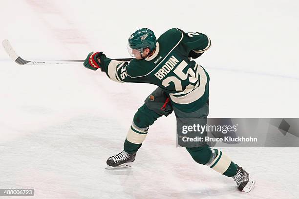 Jonas Brodin of the Minnesota Wild shoots the puck against the Colorado Avalanche during Game Six of the First Round of the 2014 Stanley Cup Playoffs...