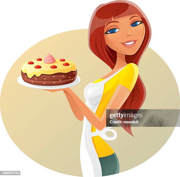 woman with cake - making a cake stock illustrations