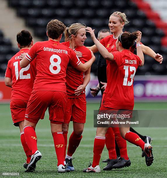 Gemma Davison of Liverpool Ladies celebrates after scoring the opening goal during the Continental Cup match between Liverpool Ladies and Sunderland...