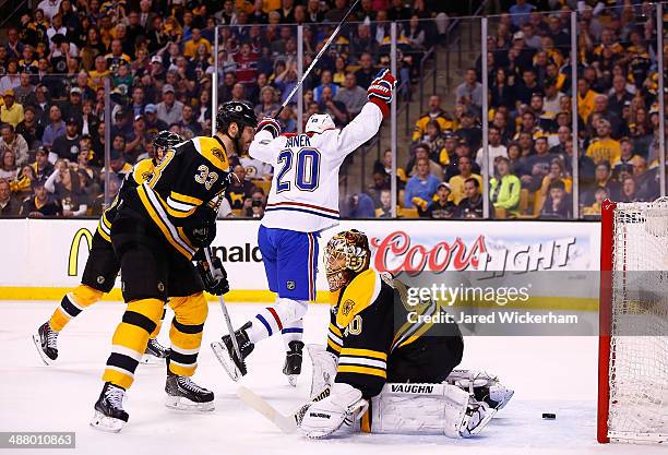 Thomas Vanek of the Montreal Canadiens celebrates his goal in the second period in front of Tuukka Rask of the Boston Bruins in Game Two of the...