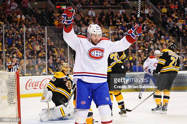 Thomas Vanek of the Montreal Canadiens celebrates his goal against the Boston Bruins in Game Two of the Second Round of the 2014 Stanley Cup Playoffs...
