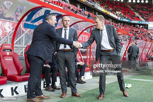 NCoach Ron Jans of PEC Zwolle, Assistant coach Alfred Schreuder of FC Twente, Coach Michel Jansen of FC Twente during the Dutch Eredivisie match...