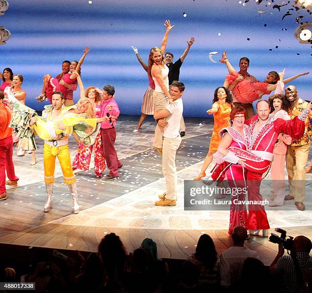 Victor Wallace, Judy McLane, Mary Callanan and John Hemphill and the cast "Mamma Mia!" Broadway final performance at The Broadhurst Theatre on...