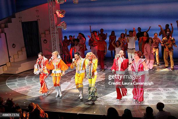Paul DeBoy, Allison Ewing, Victor Wallace, Judy McLane, John Hemphill and Mary Callanan and the cast of "Mamma Mia!" perform during the final...