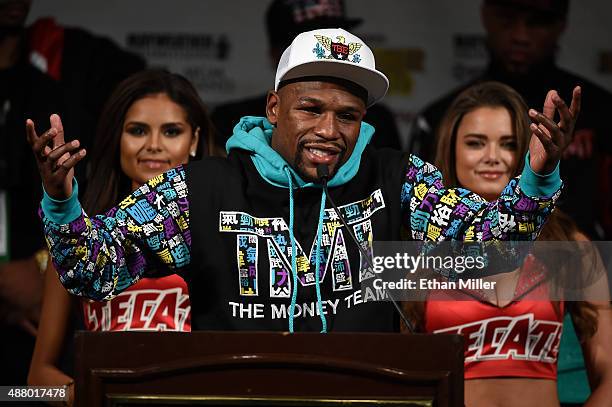 Floyd Mayweather Jr. Speaks during a post-fight news conference at MGM Grand Hotel & Casino after he retained his WBC/WBA welterweight titles in a...