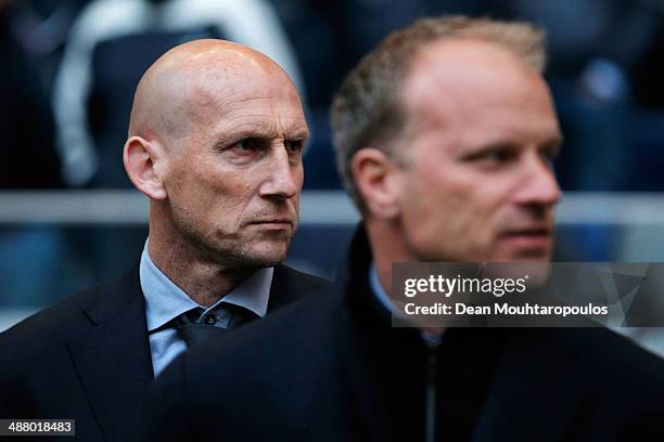 Ajax Assistant Coaches, Jaap Stam and Dennis Bergkamp look on after the Eredivisie match between Ajax Amsterdam and NEC Nijmegen at Amsterdam Arena...