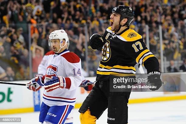 Milan Lucic of the Boston Bruins celebrates a goal against the Montreal Canadiens in Game Two of the Second Round of the 2014 Stanley Cup Playoffs at...