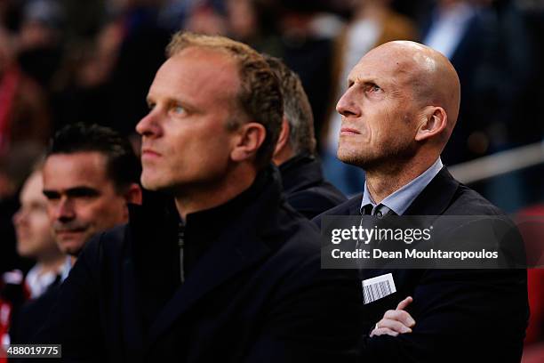 Ajax Assistant Coaches, Jaap Stam and Dennis Bergkamp look on after the Eredivisie match between Ajax Amsterdam and NEC Nijmegen at Amsterdam Arena...