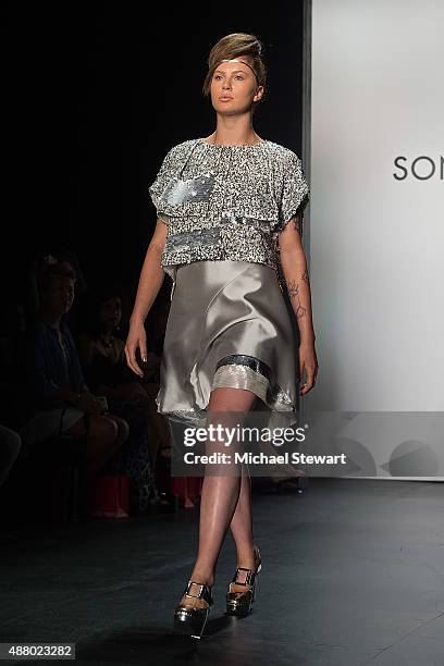 Model Ireland Baldwin walks the runway during the Son Jung Wan fashion show during Spring 2016 New York Fashion Week at The Dock, Skylight at...