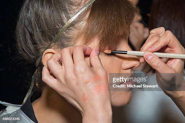 Model prepares before the Son Jung Wan fashion show during Spring 2016 New York Fashion Week at The Dock, Skylight at Moynihan Station on September...