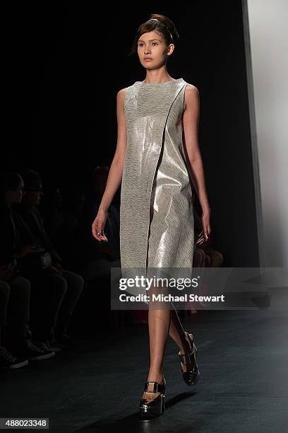 Model Mick Szal walks the runway during the Son Jung Wan fashion show during Spring 2016 New York Fashion Week at The Dock, Skylight at Moynihan...