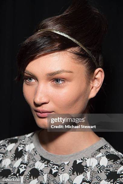 Model prepares before the Son Jung Wan fashion show during Spring 2016 New York Fashion Week at The Dock, Skylight at Moynihan Station on September...