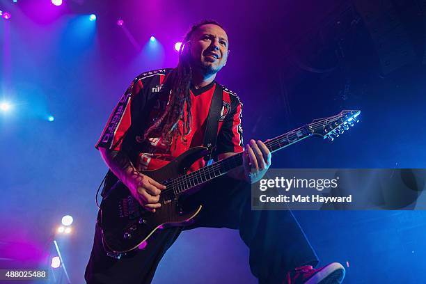 Zoltan Bathory of Five Finger Death Punch performs on stage at Xfinity Arena on September 12, 2015 in Everett, Washington.