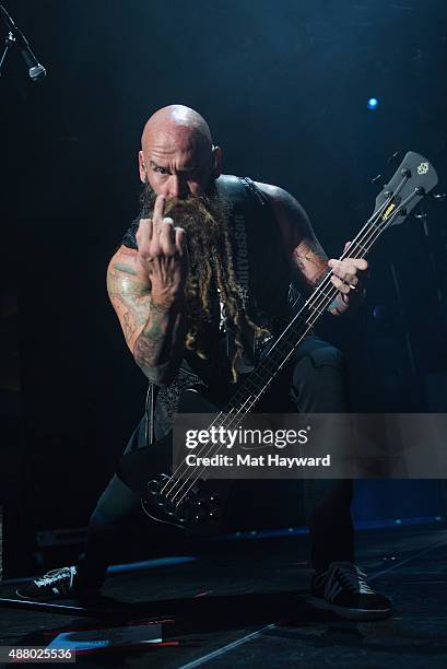 Chris Kael of Five Finger Death Punch performs at Xfinity Arena on September 12, 2015 in Everett, Washington.