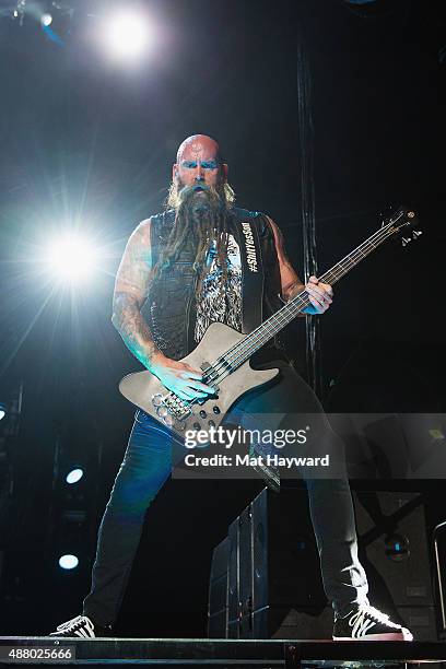 Chris Kael of Five Finger Death Punch performs at Xfinity Arena on September 12, 2015 in Everett, Washington.