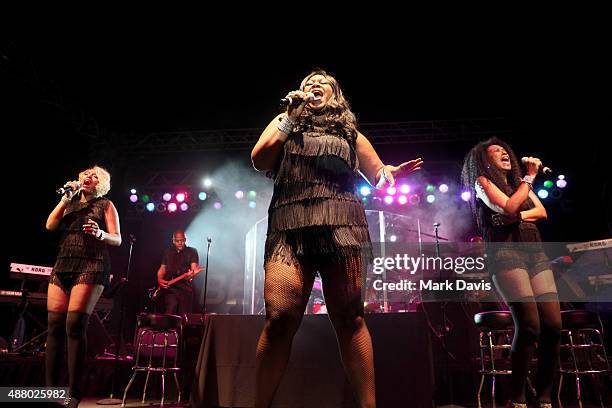 Singers Sadako Pointer, Issa Pointer and Ruth Pointer of The Pointer Sisters perform onstage at the Hearst Ranch Barbeque, Celebration and Concert...