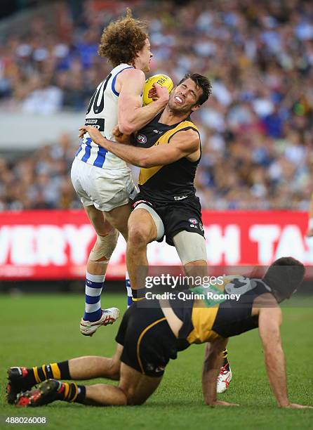 Ben Brown of the Kangaroos marks infront of Alex Rance of the Tigers during the First AFL Elimination Final match between the Richmond Tigers and the...