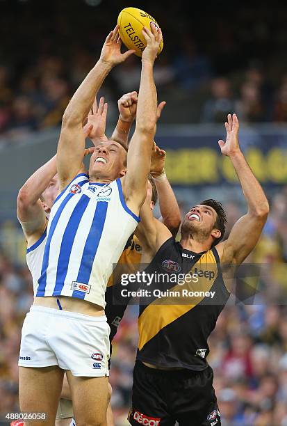 Drew Petrie of the Kangaroos marks infront of Alex Rance of the Tigers during the First AFL Elimination Final match between the Richmond Tigers and...